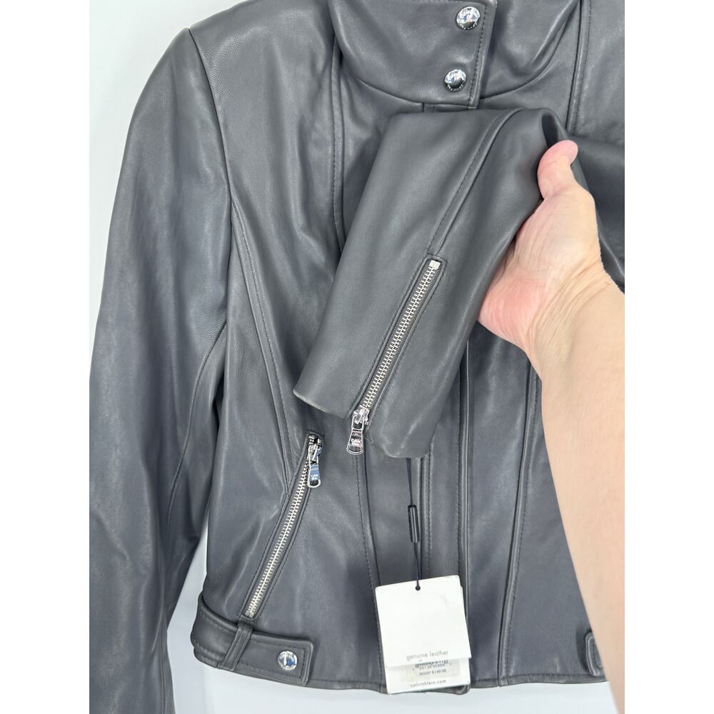Calvin Klein Gray Genuine Leather Moto Jacket XS NWT Silver Hardware - Picture 8 of 12